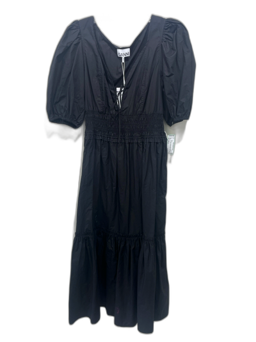 Ganni Size 40 / M Black Cotton Short Puff Sleeve Tie V Neck Smocked Waist Dress Black / 40 / M