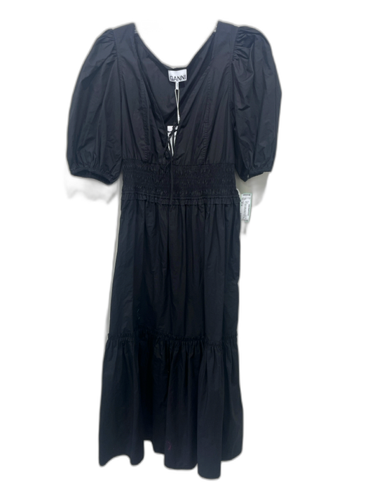Ganni Size 40 / M Black Cotton Short Puff Sleeve Tie V Neck Smocked Waist Dress Black / 40 / M