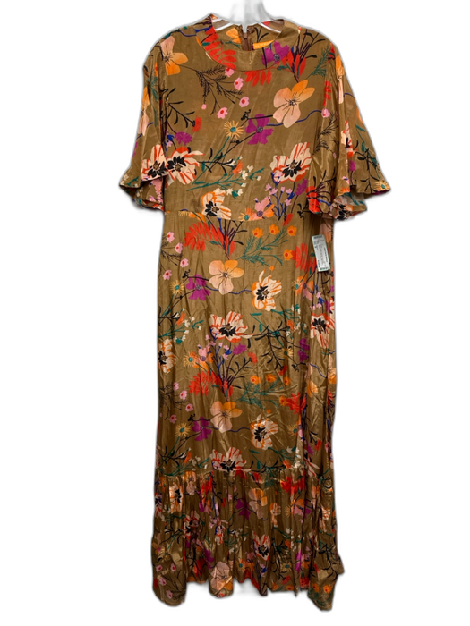 Oliphant Size M Brown & Multi Viscose Short flutter sleeve Floral Back Zip Dress Brown & Multi / M