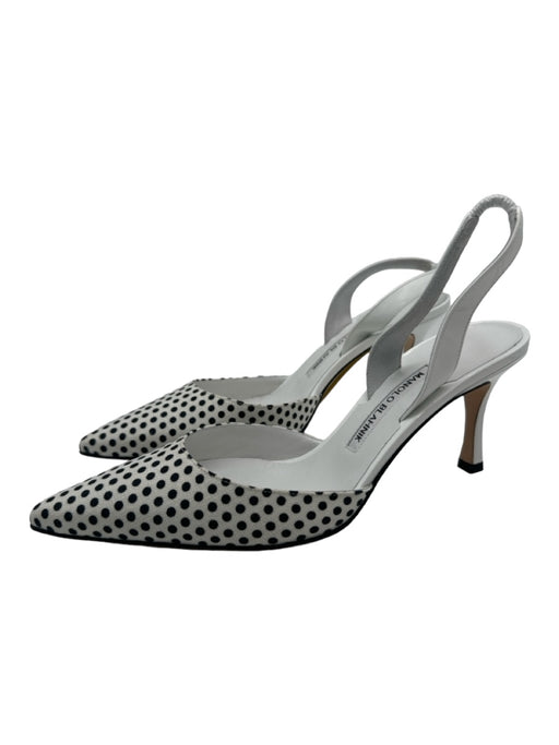 Manolo Blahnik Shoe Size 39 White & Black Leather & Canvas Polka Dots Pumps White & Black / 39