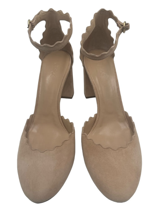 Chloe Shoe Size 38.5 Beige Suede round toe Ankle Strap Scalloped Edging Pumps Beige / 38.5