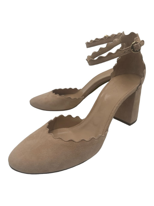 Chloe Shoe Size 38.5 Beige Suede round toe Ankle Strap Scalloped Edging Pumps Beige / 38.5