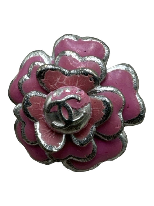 Chanel Pink & Silver Silver Tone Metal Flower Clip On Earring Logo Earrings Pink & Silver