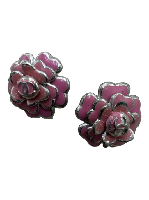 Chanel Pink & Silver Silver Tone Metal Flower Clip On Earring Logo Earrings Pink & Silver