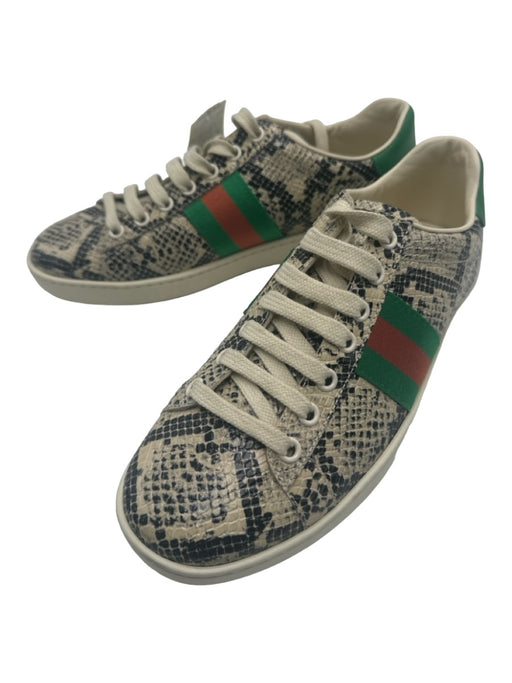 Gucci Shoe Size 36.5 Cream, Red, Green Leather Stripe Snake Skin Print Sneakers Cream, Red, Green / 36.5