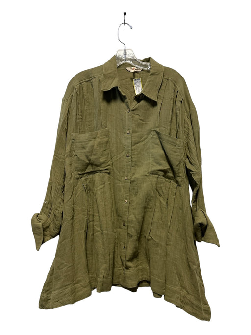 Free People Size S Green Cotton Long Sleeve Button Down Collar Dress Green / S
