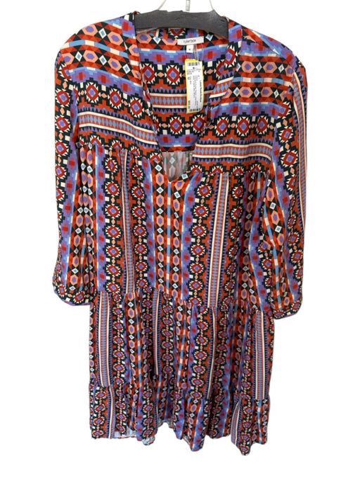 Tyler Boe Size M Orange & Purple Rayon Long Sleeve Aztec V Neck Midi Dress Orange & Purple / M