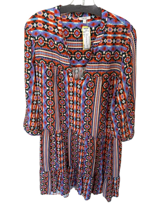 Tyler Boe Size M Orange & Purple Rayon Long Sleeve Aztec V Neck Midi Dress Orange & Purple / M