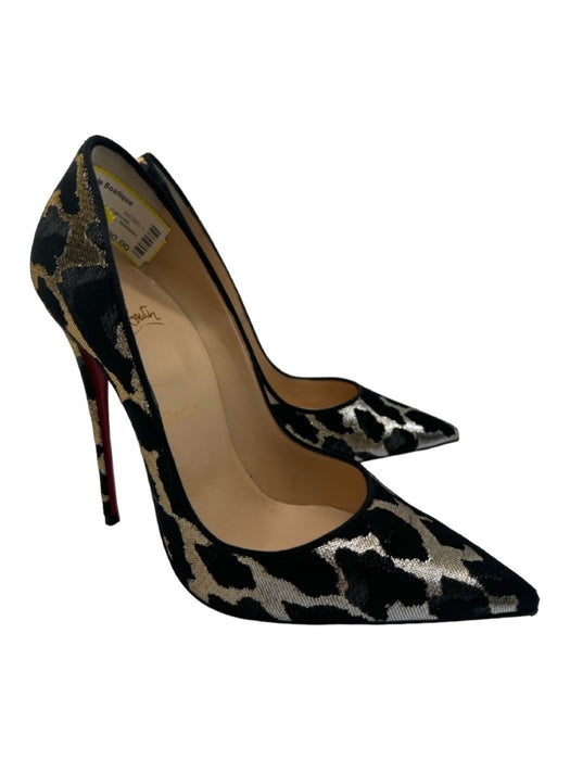 Christian Louboutin Shoe Size 38 Black Gold & Silver Canvas Pointed Toe Pumps Black Gold & Silver / 38