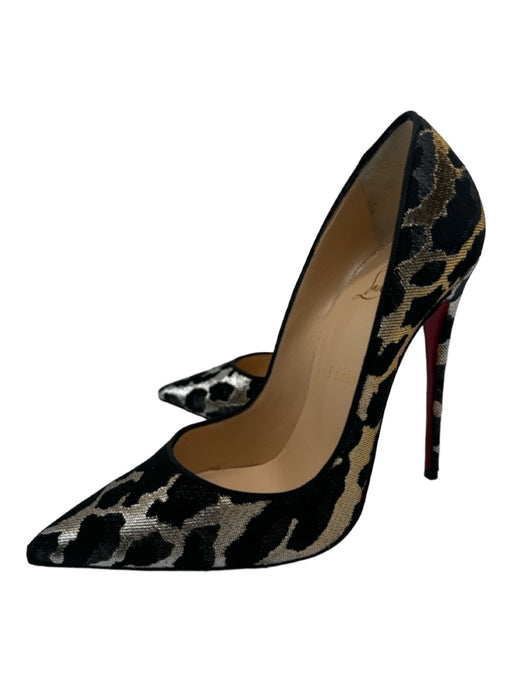 Christian Louboutin Shoe Size 38 Black Gold & Silver Canvas Pointed Toe Pumps Black Gold & Silver / 38