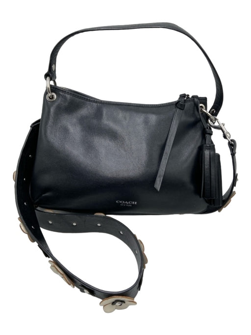 Coach Black & White Leather Shoulder Bag Floral Applique silver hardware Bag Black & White / S