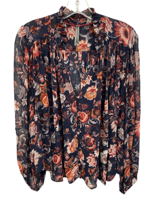 Anthropologie Size XS Navy, Red & Gray Polyester Long Sleeve Floral V Neck Top Navy, Red & Gray / XS