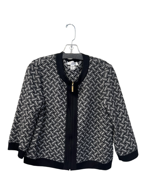 St. John Size M Black & White Wool Front Zip Round Neck 3/4 Sleeve Jacket Black & White / M