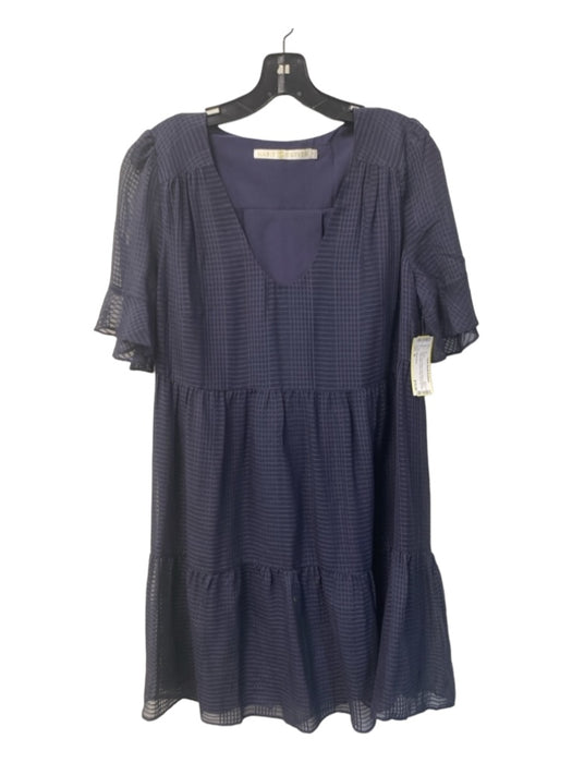 Marie Oliver Size M Navy Silk V Neck Short Sheer Sleeve Pleat Detail Dress Navy / M