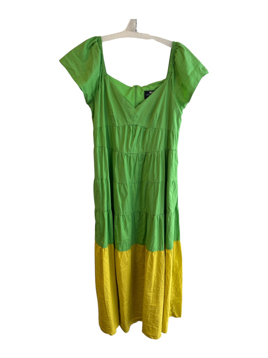 Donna Morgan Size 10 Green & Yellow Cotton V Neck Off Shoulder Back Zip Dress Green & Yellow / 10