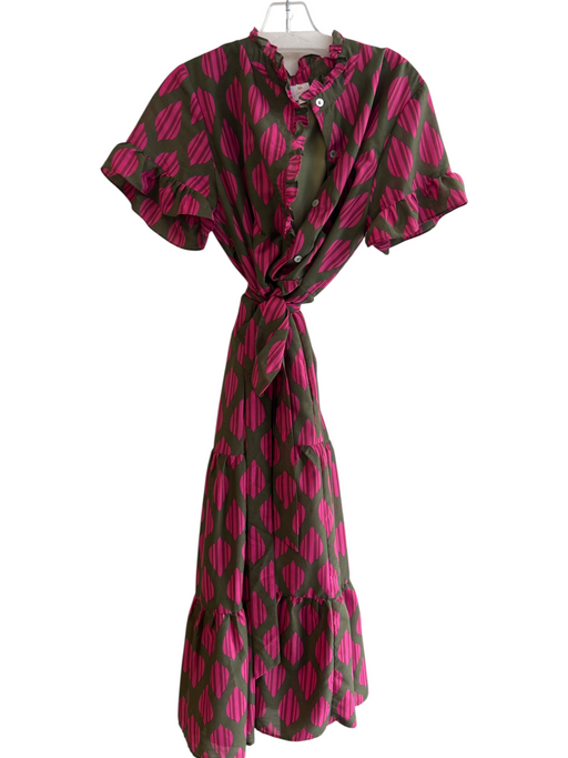 J. Marie Size L Pink & Green V Neck Shapes Cap Sleeve Waist Belt Tiered Dress Pink & Green / L