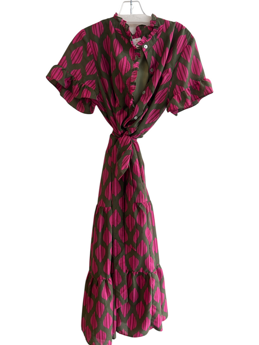 J. Marie Size L Pink & Green V Neck Shapes Cap Sleeve Waist Belt Tiered Dress Pink & Green / L