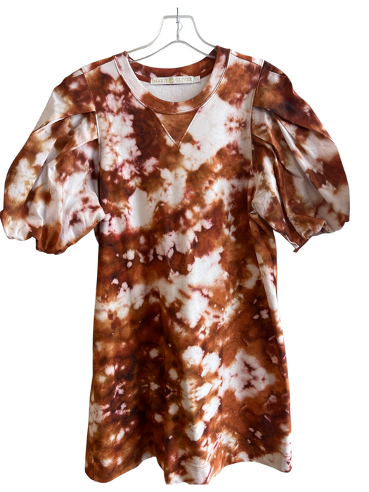 Marie Oliver Size L Brown & White Pima Cotton Short Balloon Sleeve Tye Dye Dress Brown & White / L