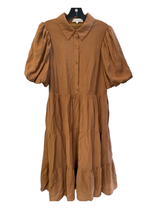 English Factory Size L Tan Rayon Blend Short Puff Sleeve Collared Tiered Dress Tan / L