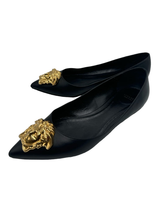 Versace Shoe Size 40.5 Black & Gold Leather Pointed Toe Closed Heel Flats Black & Gold / 40.5