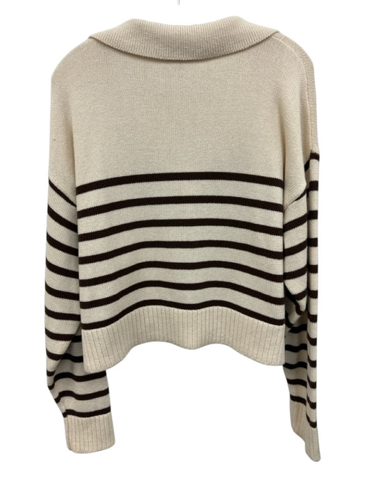 Reformation Size M Cream & Brown Cotton Collar V Neck Horizontal Stripe Sweater Cream & Brown / M