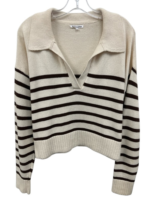 Reformation Size M Cream & Brown Cotton Collar V Neck Horizontal Stripe Sweater Cream & Brown / M