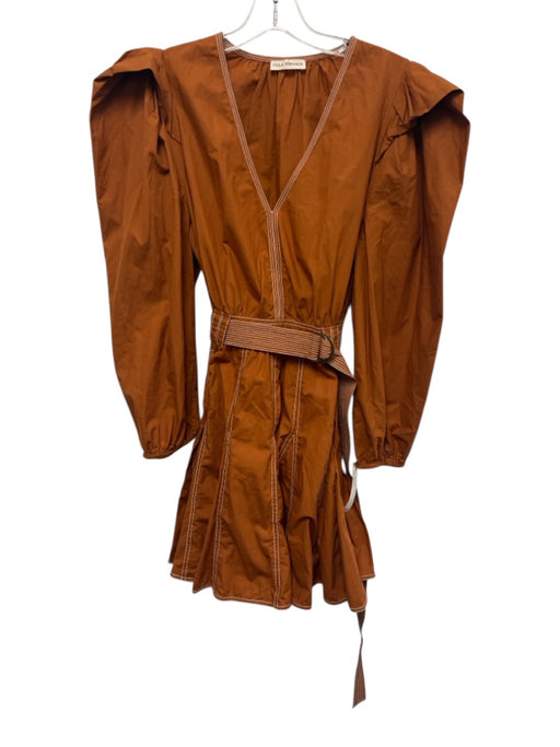 Ulla Johnson Size 6 Orange Brown Cotton Long puff sleeve Contrast Stitch Dress Orange Brown / 6