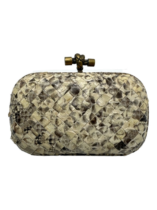 Bottega Veneta Cream & Gray Leather Woven Clutch Brass Hardware kiss lock Bag Cream & Gray / S