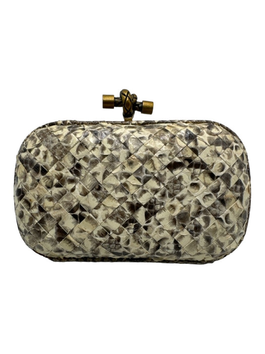 Bottega Veneta Cream & Gray Leather Woven Clutch Brass Hardware kiss lock Bag Cream & Gray / S