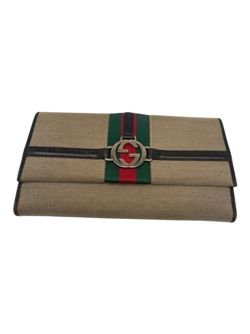 Gucci Beige, Brown & Green Leather Canvas Double G Silver tone Wallets Beige, Brown & Green