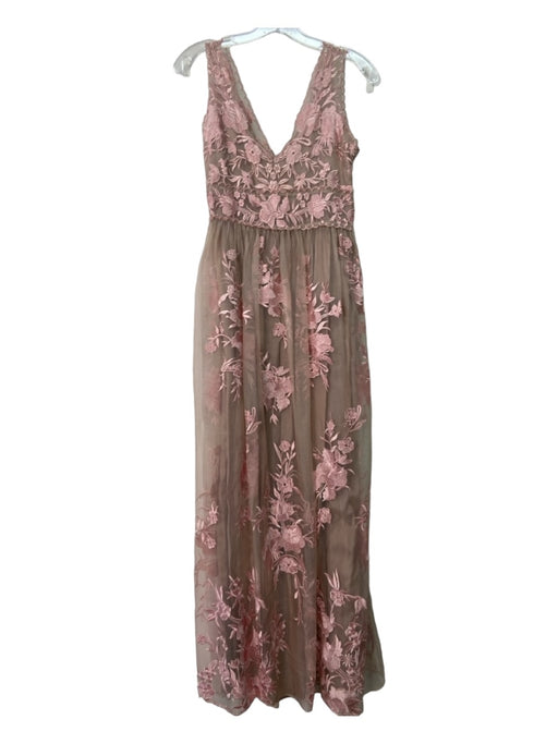 BHLDN Size 4 Beige & Pink Silk Floral Embroidered V Neck & Back Sleeveless Gown Beige & Pink / 4