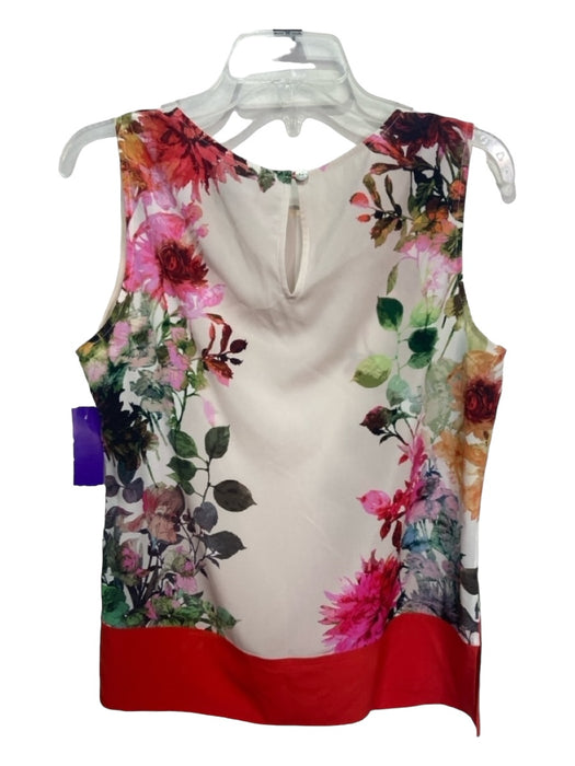 St John Size 10 White & Multi Silk Floral Round Neck Sleeveless Keyhole Back Top White & Multi / 10