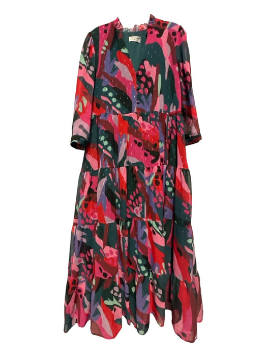 Crosby Size Est M Green & Pink Polyester Blend Long Sleeve Metallic Maxi Dress Green & Pink / Est M