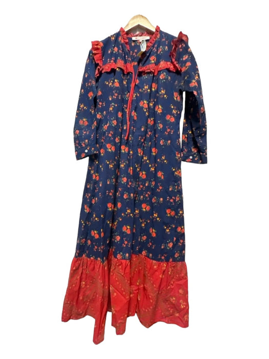 Ro's Garden Size M Navy & Red Cotton Long Sleeve Ruffle Collar Flowers Dress Navy & Red / M