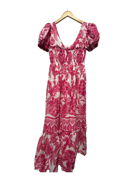 Farm Rio Size M Magenta & White Cotton Short Balloon Sleeve Botanical Maxi Dress Magenta & White / M