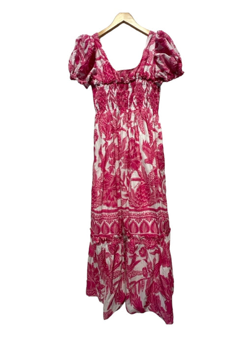 Farm Rio Size M Magenta & White Cotton Short Balloon Sleeve Botanical Maxi Dress Magenta & White / M