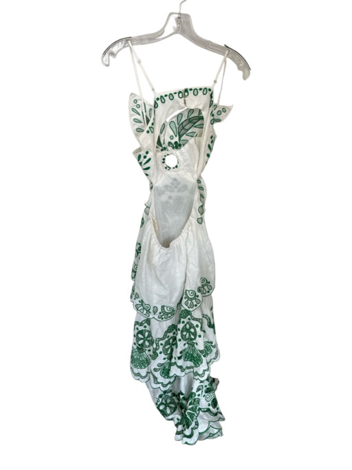 Farm Rio Size XS White & Green Linen Spaghetti Strap Flowers Embroidered Dress White & Green / XS