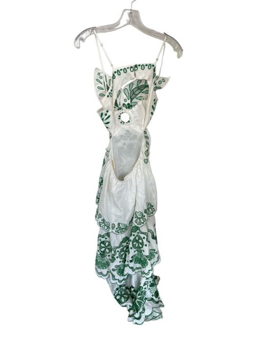 Farm Rio Size XS White & Green Linen Spaghetti Strap Flowers Embroidered Dress White & Green / XS