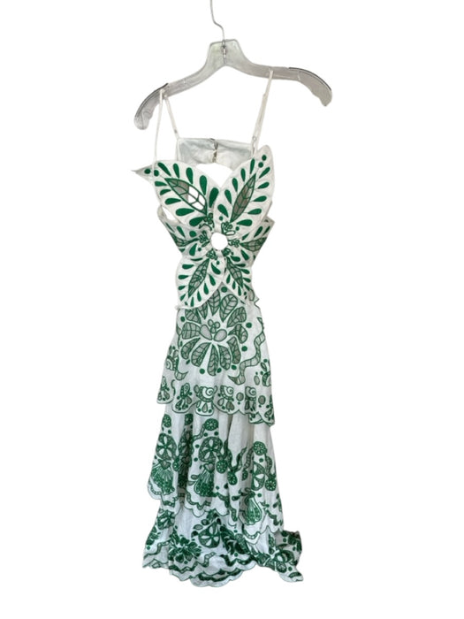 Farm Rio Size XS White & Green Linen Spaghetti Strap Flowers Embroidered Dress White & Green / XS
