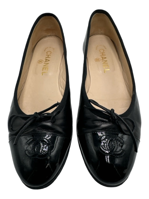 Chanel Shoe Size 37.5 Black Leather Almond Toe Closed Heel Patent Detail Flats Black / 37.5