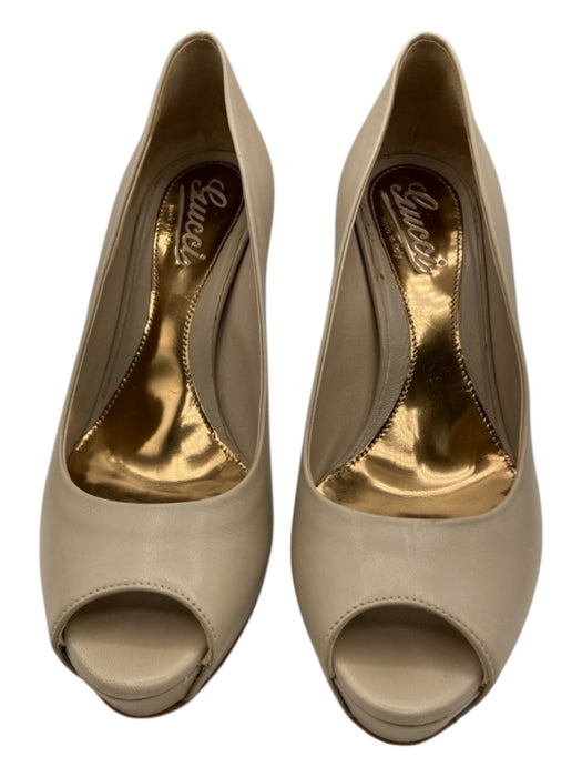 Gucci Shoe Size 37 Oatmeal Beige Leather Peep Toe Platform Stiletto Pumps Oatmeal Beige / 37