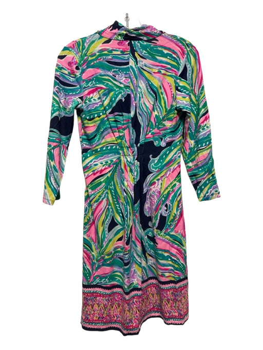 Lilly Pulitzer Size XS Navy & Pink Rayon Long Sleeve Leaves V Neck Dress Navy & Pink / XS