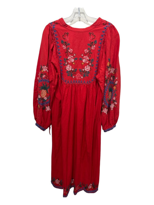 Farm Rio Size L Red Multi Linen Blend Embroidered Floral Abstract Maxi Dress Red Multi / L