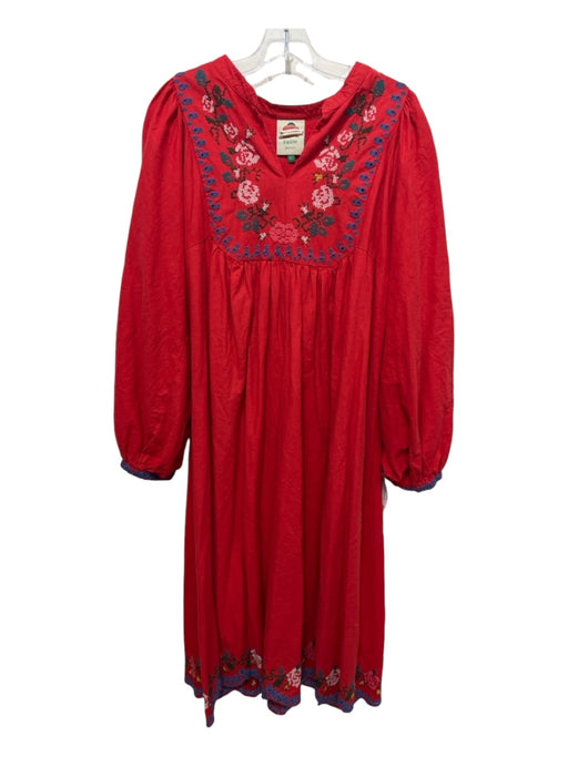 Farm Rio Size L Red Multi Linen Blend Embroidered Floral Abstract Maxi Dress Red Multi / L