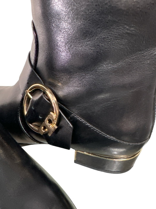 Tory Burch Shoe Size 6.5 Black Leather Flat Gold Hardware Knee High Boots Black / 6.5