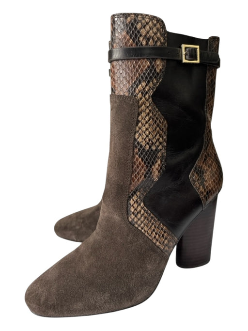 Tory Burch Shoe Size 6.5 Brown Print Leather Suede Snake Embossed Booties Brown Print / 6.5