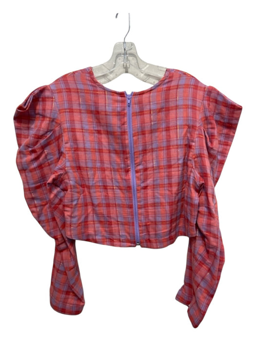 Koch Size L Red, Blue, Gold Cotton Plaid Metallic Thread Long Sleeve Boxy Top Red, Blue, Gold / L