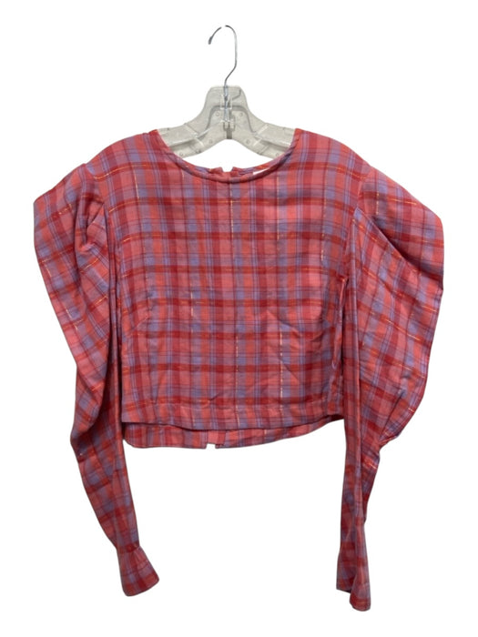 Koch Size L Red, Blue, Gold Cotton Plaid Metallic Thread Long Sleeve Boxy Top Red, Blue, Gold / L