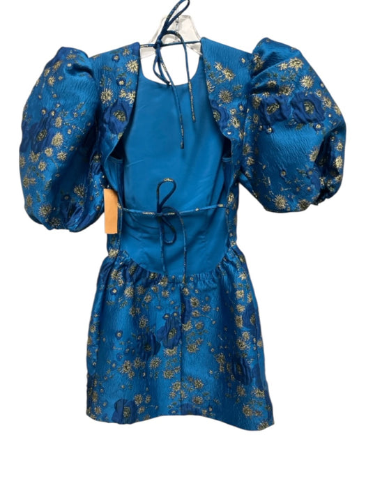 Ganni Size 32/S Blue & Gold Polyester Blend Square Neck Short Puff Sleeve Dress Blue & Gold / 32/S
