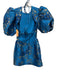 Ganni Size 32/S Blue & Gold Polyester Blend Square Neck Short Puff Sleeve Dress Blue & Gold / 32/S